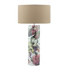 Bloomaa 1 Light E27 Tropical Print Ceramic Table Lamp With Inline Switch C/W Hilda Taupe Faux Silk 40cm Drum Shade