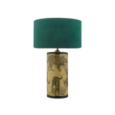 Eliza 1 Light E27 Leopard Motif In Gold Table Lamp With In-line Switch C/W Akavia Green Velvet Drum Shade With Self Coloured Cotton Lining