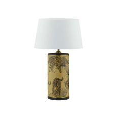 Eliza 1 Light E27 Leopard Motif In Gold Table Lamp With In-line Switch C/W Cezanne White Faux Silk Tapered 35cm Drum Shade