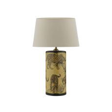 Eliza 1 Light E27 Leopard Motif In Gold Table Lamp With In-line Switch C/W Cezanne Taupe Faux Silk Tapered 35cm Drum Shade
