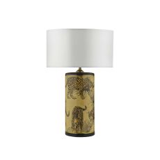 Eliza 1 Light E27 Leopard Motif In Gold Table Lamp With In-line Switch C/W Hilda Ivory Faux Silk 35cm Drum Shade