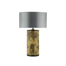 Eliza 1 Light E27 Leopard Motif In Gold Table Lamp With In-line Switch C/W Hilda Grey Faux Silk 35cm Drum Shade