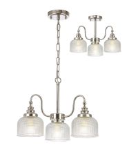 Elisha Semi Flush/Pendant, 3 Light E27, Polished Nickel/Prismatic Glass