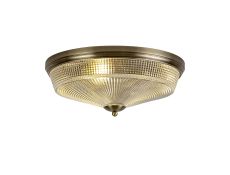 Elisha 3 Light E27 Flush Ceiling Light, Antique Brass/Prismatic Glass