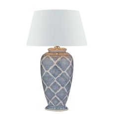 Ely 1 Light E27 Blue With White Table Lamp With Inline Switch C/W Cezanne White Faux Silk Tapered 45cm Drum Shade