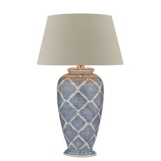 Ely 1 Light E27 Blue With White Table Lamp With Inline Switch C/W Cezanne Taupe Faux Silk Tapered 45cm Drum Shade