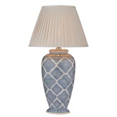 Ely 1 Light E27 Blue With White Table Lamp With Inline Switch C/W Layer Taupe Cotton Tapered 43cm Drum Shade