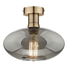 Emerson 1 Light E27 Antique Brass Semi-Flush Ceiling Fitting With Smoked Glass Shade
