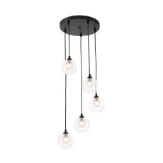 Federico 5 Light G9 Black Adjustable Cluster Pendant C/W 12cm Opal & Clear Ribbed Glass Shades