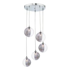 Federico 5 Light G9 Polished Chrome Adjustable Cluster Pendant C/W 15cm Smoked & Clear Ribbed Glass Shades