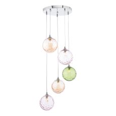 Federico 5 Light G9Polished Chrome Adjustable Cluster Pendant C/W A Mix Of Pink, Amber & Green Dimpled Glass Shades