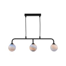 Feya 3 Light G9 Black Adjustable Linear Bar Pendant C/W Large Planet Style Glass Shades