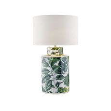 Filip 1 Light E27 Green Leaf Print Table Lamp With Inline Switch C/W Olalla Ivory Faux Silk 34cm Drum Shade