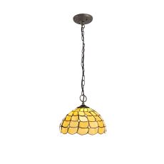 Florence 3 Light Downlighter Pendant E27 With 30cm Tiffany Shade, Beige/Clear Crystal/Aged Antique Brass