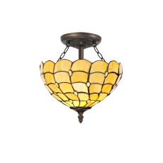 Florence 2 Light Semi Flush E27 With 30cm Tiffany Shade, Beige/Clear Crystal/Aged Antique Brass