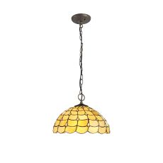 Florence 3 Light Downlighter Pendant E27 With 40cm Tiffany Shade, Beige/Clear Crystal/Aged Antique Brass