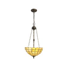 Florence 3 Light Uplighter Pendant E27 With 40cm Tiffany Shade, Beige/Clear Crystal/Aged Antique Brass