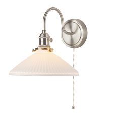 Hadano 1 Light E14 Antique Chome Wall Light With Pullcord Switch C/W White Ceramic Shallow Shade