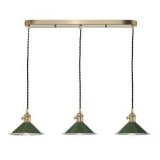 Hadano 3 Light E14 Natural Brass Adjustable Linear Bar Pendant C/W Olive Green Shades