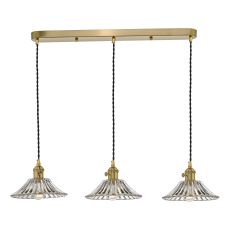 Hadano 3 Light Natural Brass Adjustable Linear Bar Pendant Flared Glass Shades