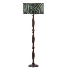 Hayward 1 Light E27 Dark Wood Effect Floor Lamp With Inline Foot Switch C/W Bamboo Green Leaf Cotton 49cm Drum Shade