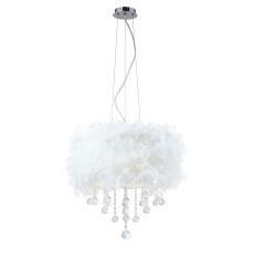Ibis Pendant With White Feather Shade 3 Light E14 Polished Chrome/Crystal