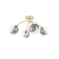 Izzy 4 Light G9 Matt Gold Semi Flush Ceiling Light C/W 10cm Smoked & Clear Ribbed Glass Shades