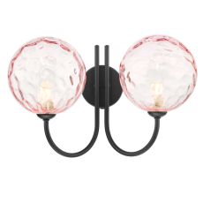 Jared 2 Light G9 Matt Black Wall Light With Pull C/W Pink Dimpled Glass Shades