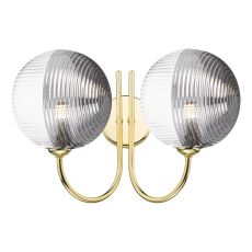 Jared 2 Light G9 Polished Gold Wall Light With Pull Cord C/W 15cm Smoked & Clear Ribbed Glass Shades
