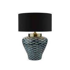 Joy 1 Light E27 Blue With White Fish Motif Table Lamp With Inline Switch C/W Sword Black Cotton 40cm Drum Shade