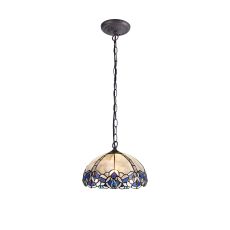 Kaka 1 Light Downlight Pendant E27 With 30cm Tiffany Shade, Blue/Clear Crystal/Aged Antique Brass
