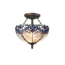 Kaka 2 Light Semi Flush E27 With 30cm Tiffany Shade, Blue/Clear Crystal/Aged Antique Brass