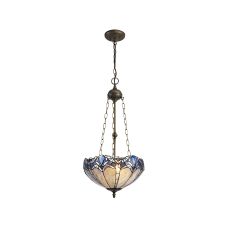 Kaka 3 Light Uplighter Pendant E27 With 40cm Tiffany Shade, Blue/Clear Crystal/Aged Antique Brass