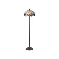 Kaka 2 Light Stepped Design Floor Lamp E27 With 40cm Tiffany Shade, Blue/Clear Crystal/Aged Antique Brass