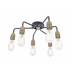 Kiefer 6 Light E27 Black & Antique Brass Semi Flush Ceiling Fitting