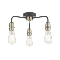 Kiefer 3 Light E27 Black & Antique Brass Semi Flush Ceiling Fitting