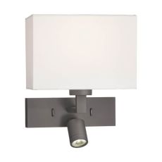 Modena 2 Light Bronze With Integrated LED Adjustable Reading Spot Wall Light C/W Modena E27 Ivory Cotton 20cm Rectangle Shade