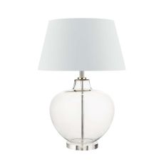 Moffat 1 Light E27 Glass With Polished Chrome Table Lamp With Inline Switch C/W Cezanne White Faux Silk Tapered 45cm Drum Shade