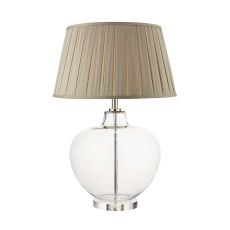 Moffat 1 Light E27 Glass With Polished Chrome Table Lamp With Inline Switch C/W Degas Taupe Faux Silk Tapered 45cm Drum Shade