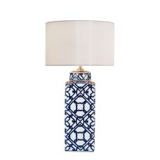 Mystic 1 Light E27 Blue And White Table Lamp With inline Switch C/W Risha Ivory Faux Silk 36cm Drum Shade