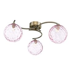 Nakita 3 Light G9 Antique Brass Flush Ceiling Fitting C/W Pink Dimpled Glass Shades