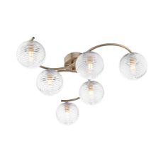 Nakita 6 Light G9 Antique Brass Flush Ceiling Fitting C/W Clear Closed Ribbed Glass Shade