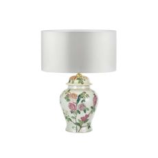 Peony 1 Light B22 Multi Coloured With A Brontel & Bird Motif Table Lamp With Inline Switch C/W Hilda Ivory Faux Silk 40cm Drum Shade