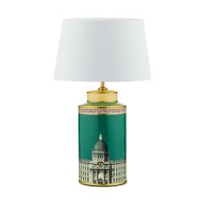 Prospect 1 Light E27 Green/Gold Table Lamp With In-Line Switch C/W Cezanne White Faux Silk Tapered 40cm Drum Shade