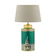 Prospect 1 Light E27 Green/Gold Table Lamp With In-Line Switch C/W Cezanne Taupe Faux Silk Tapered 40cm Drum Shade