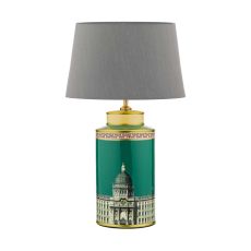 Prospect 1 Light E27 Green/Gold Table Lamp With In-Line Switch C/W Cezanne Grey Faux Silk Tapered 40cm Drum Shade