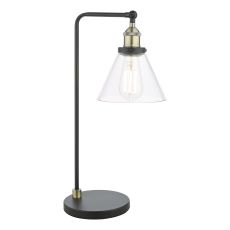 Ray 1 Light E27 Antique Brass & Black Table Lamp With Inline Switch C/W Clear Glass Conical Shade