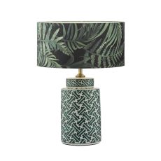 Reese 1 Light E27 Green & Blue Print Ceramic Table Lamp With Inline Switch C/W Bamboo Green Leaf Cotton 35cm Drum Shade