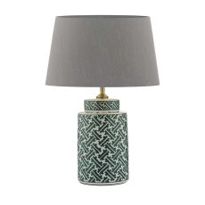 Reese 1 Light E27 Green & Blue Print Ceramic Table Lamp With Inline Switch C/W Cezanne Grey Faux Silk Tapered 35cm Drum Shade