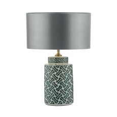 Reese 1 Light E27 Green & Blue Print Ceramic Table Lamp With Inline Switch C/W Hilda Grey Faux Silk 35cm Drum Shade